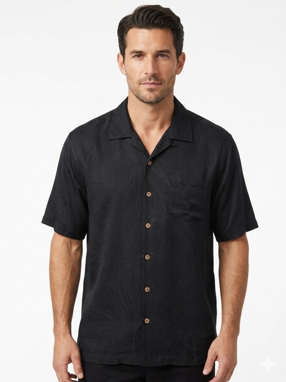 Tommy Bahama 100% Silk Black Tropical Print Short-Sleeve Camp Shirt